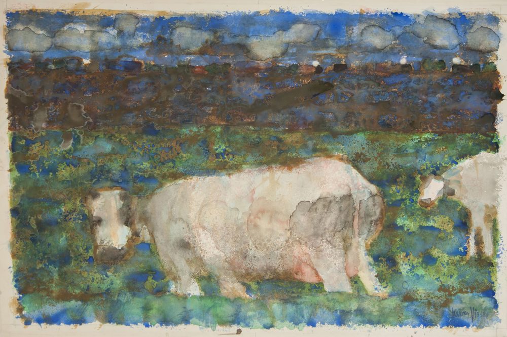 Harry Visser | Koe met kalf 's nachts bij de achtertuin | aquarel 80 x 100